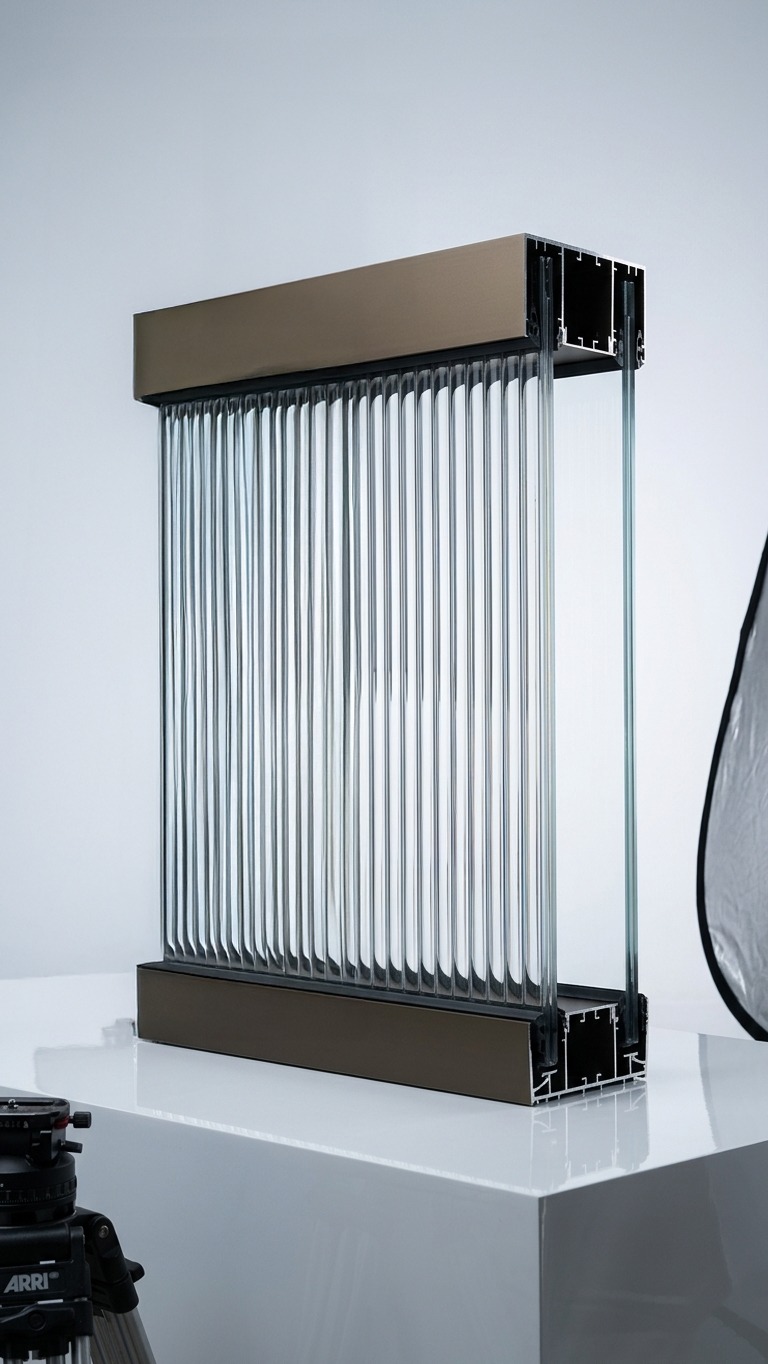 Silentium 100 cross-section: champagne anodised frame with fluted glass